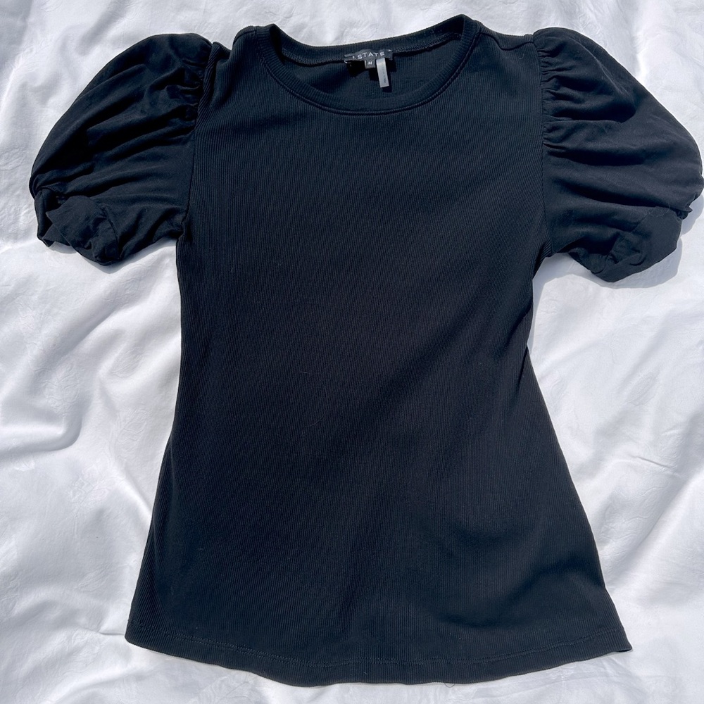 EUC - 1.State Puff Sleeve Rib Knit T-Shirt - Rich Black - Size M (W)